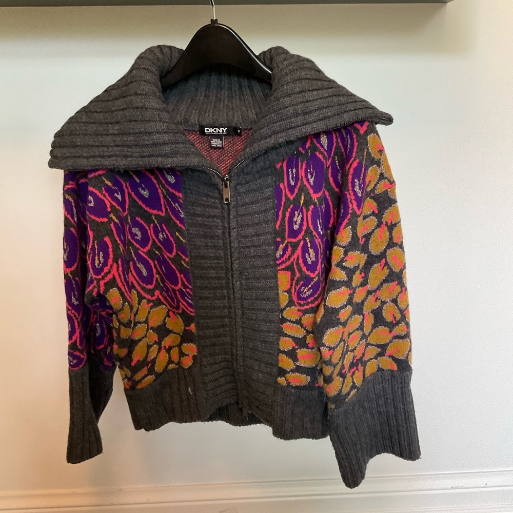 DKNY Grey Patterned Zip Up Sweater (Wool-Cashmere Blend)